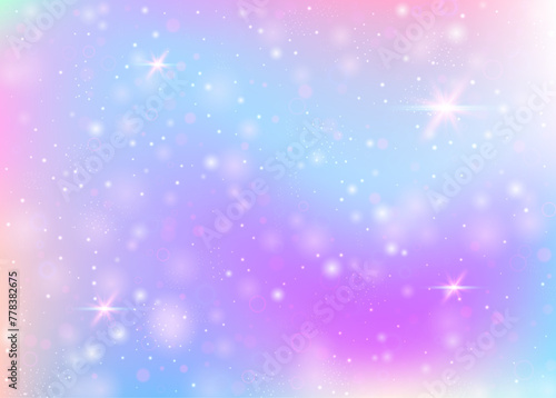 Holographic background with rainbow mesh. Girlish universe banner in princess colors. Fantasy gradient backdrop with hologram. Holographic unicorn background with fairy sparkles, stars and blurs.