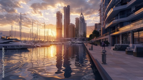 A picturesque waterfront promenade lined with elegant cafes and boutique shops, with sailboats and yachts bobbing in the harbor against a backdrop of iconic landmarks 
