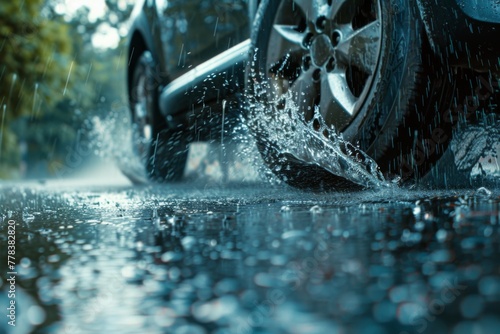Close-up shot of car wheels on wet road, capturing splashes of water and dynamic movement