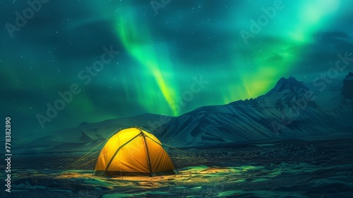 A glowing yellow camping tent under a beautiful green northern lights aurora. Travel adventure landscape background. Photo composite. 