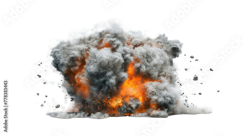 Bomb explosion with fire flames and white smoke on isolated on transparent background