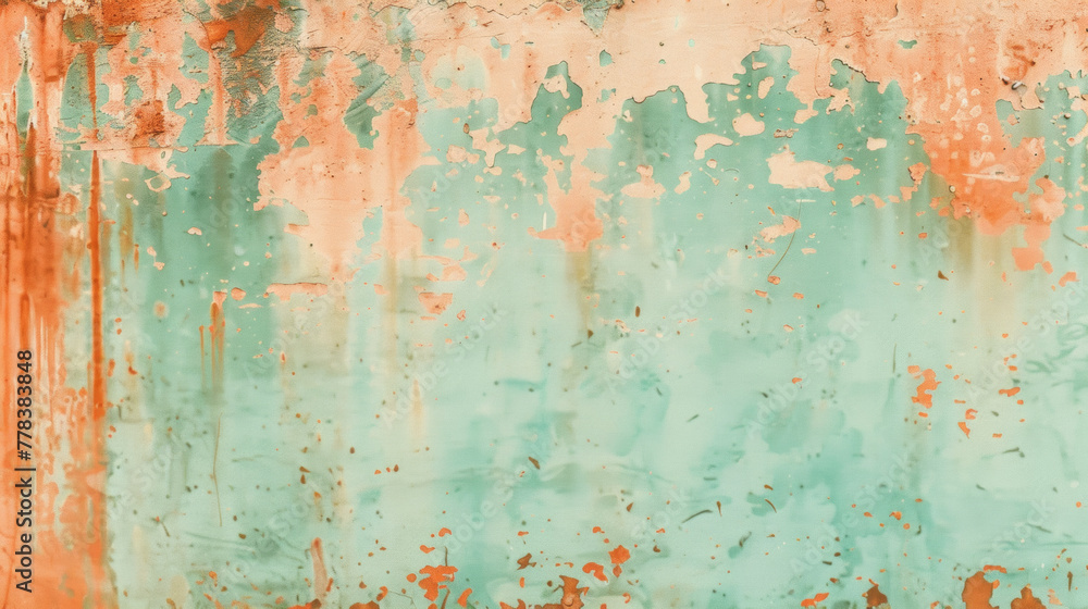 A wall with a green and orange background. The wall has a lot of paint splatters and is covered in graffiti