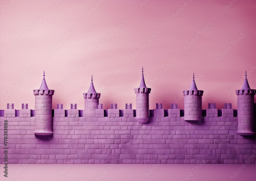 Fototapeta premium A minimalist illustration of a pink castle wall with four towers in a pink background.