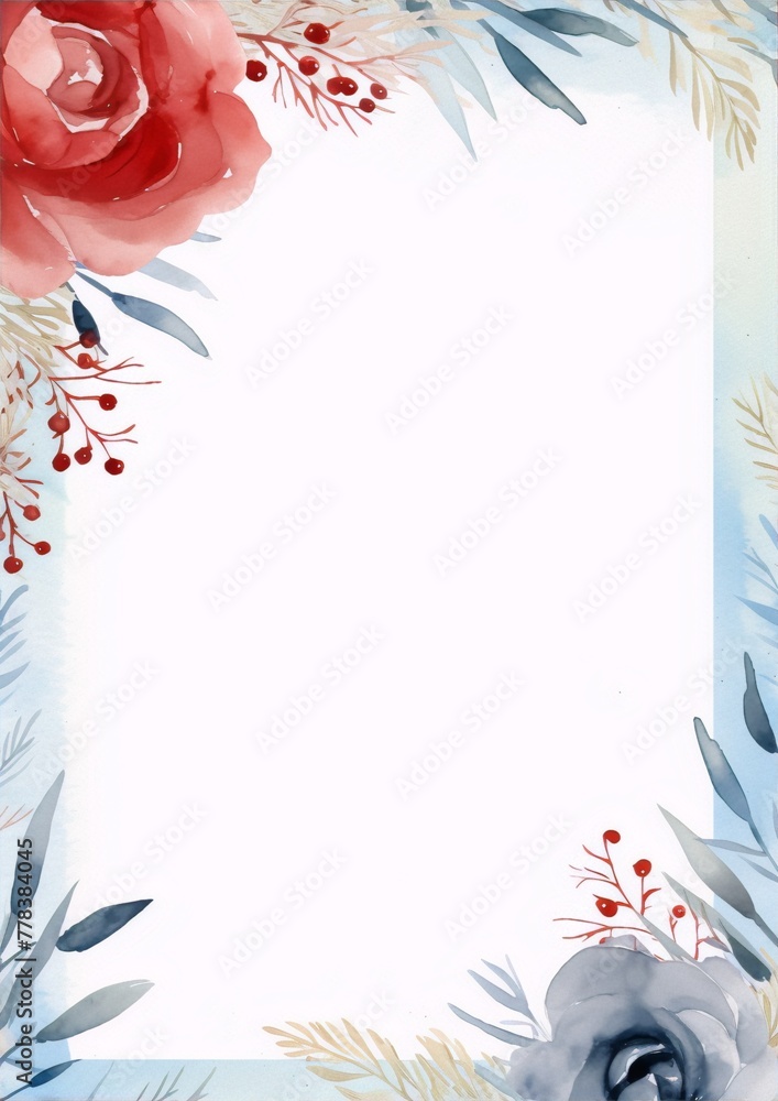 Watercolor painted red and blue roses and leaves on a white background with a blue watercolor wash.