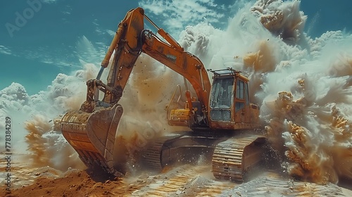 Excavator sandpit during earth moving works on desert with flying dust photo