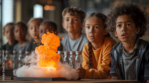 A group of children gaze in awe at a spectacular chemical reaction during a science demonstration
