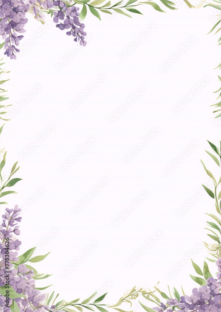 Delicate watercolor floral frame with purple lilac flowers and green leaves, perfect for wedding invitations, save the dates, and other special occasions.