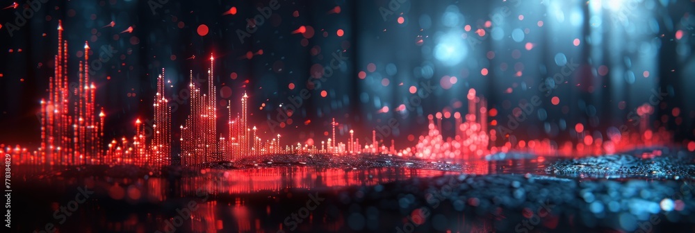 Cityscape with vibrant red and blue lights illuminating the background