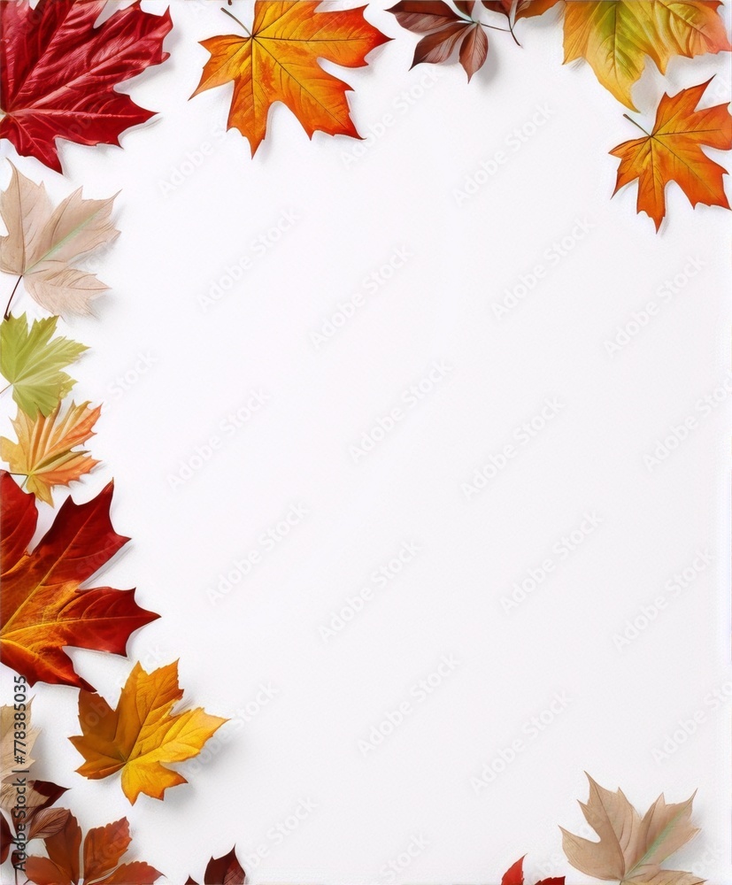 Colorful autumn leaves frame a blank space on a white background, perfect for a fall-themed design.