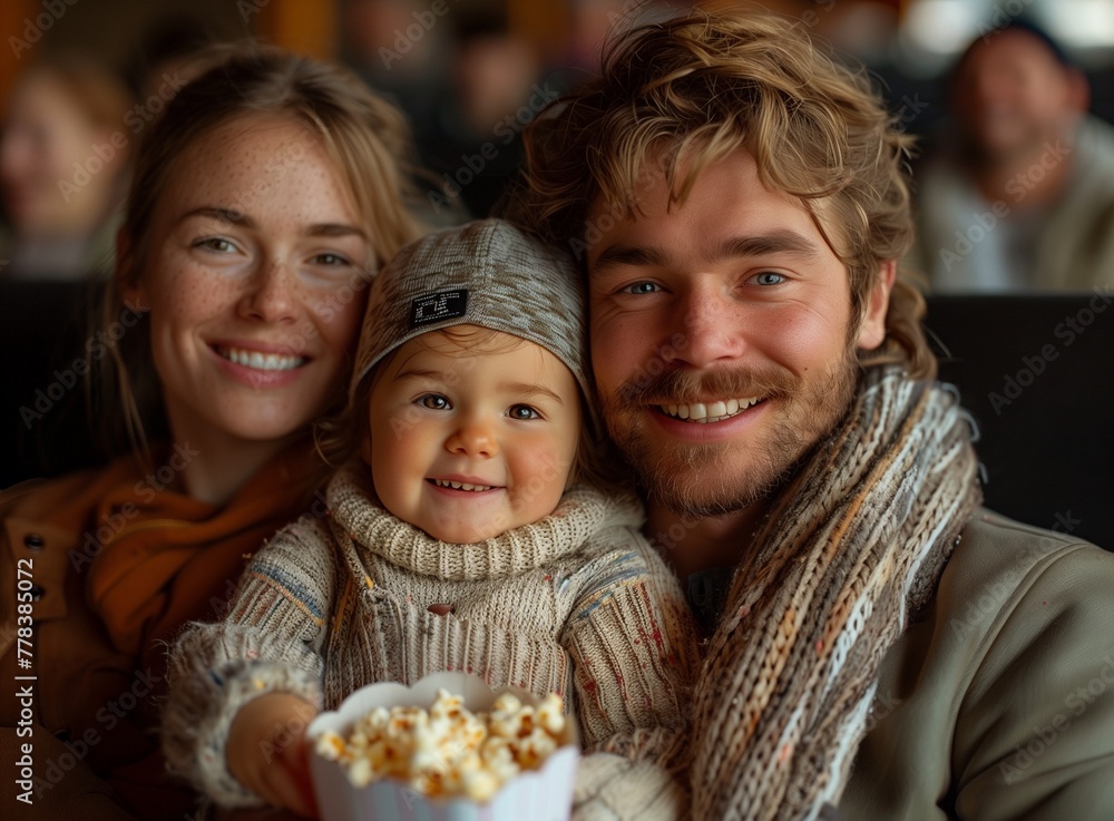 trio, parents and child, enjoying a movie in a theater, munching popcorn, bonded closely trio, parents and child, enjoying a movie in a theater, munching popcorn, bonded closely