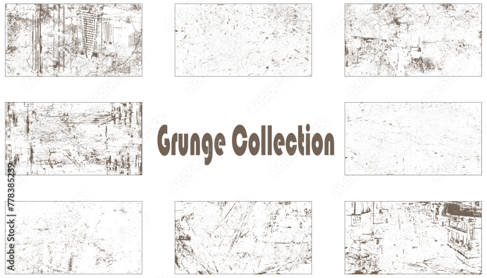 Abstract grunge distressed wall texture overlay background set. Collection of 8 grunge wall image. Vector illustration.