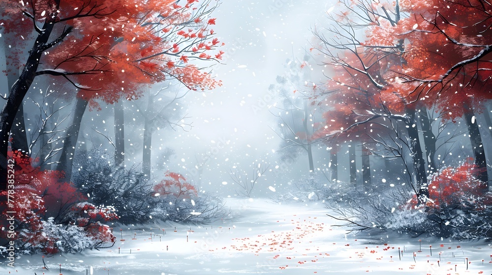 Serene Snowy Forest Landscape with Gentle Snowfall and Tranquil Path Through Wintry Wonderland