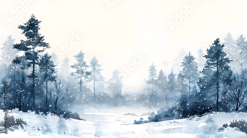First Snowfall Gently Covering a Quiet Evergreen Forest a Serene Winter Wonderland in Soft Muted Tones with Copy Space © Wuttichai