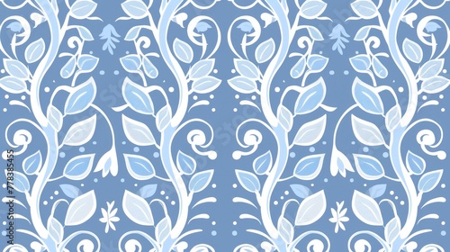 Blue and white wallpaper featuring leaf and dot patterns