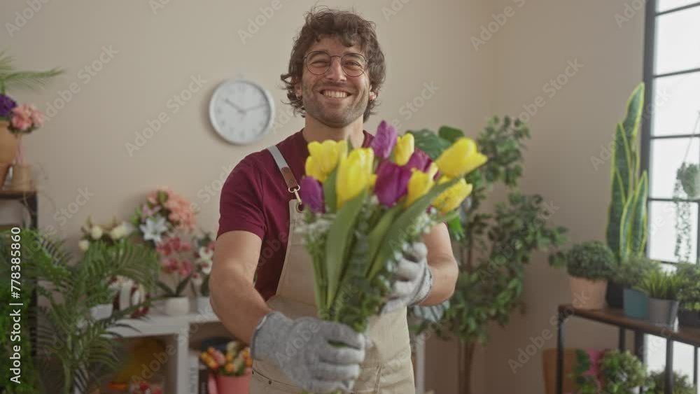 A cheerful hispanic man holding tulips in a bright flower shop, surrounded by green plants and indoor decor. A cheerful hispanic man holding tulips in a bright flower shop, surrounded by green plants and indoor decor.