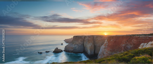 Photo real as Coastal Sunrise Dawn breaks over coastal cliffs painting the sky with morning hues. in nature and landscapes theme ,for advertisement and banner ,Full depth of field, high quality ,inclu