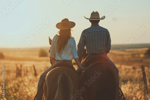 A man and woman are riding horses in a field