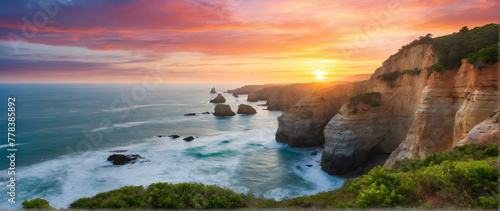 Photo real as Coastal Sunrise Dawn breaks over coastal cliffs painting the sky with morning hues. in nature and landscapes theme ,for advertisement and banner ,Full depth of field, high quality ,inclu