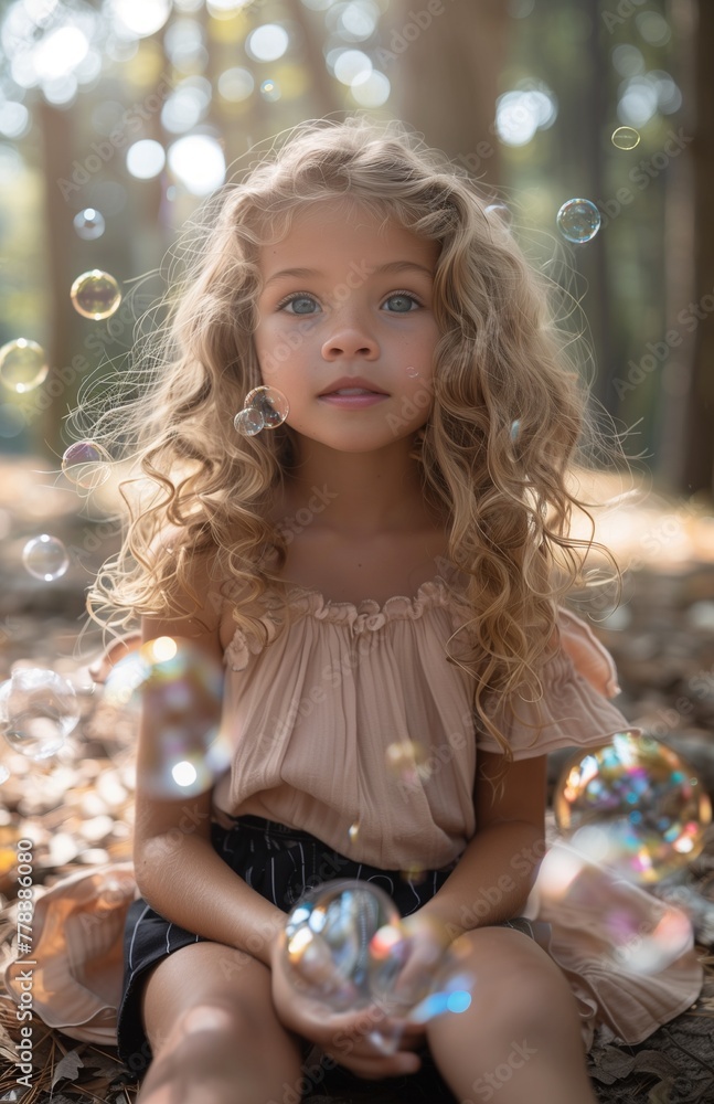 Little girl in pink top and black shorts sits among bubbles, her curly blonde hair flowing, surrounded by the park's greenery Little girl in pink top and black shorts sits among bubbles, her curly blonde hair flowing, surrounded by the park's greenery