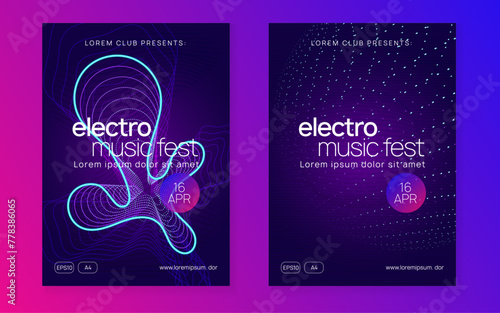Discotheque Set. Music Concert Template. Blue Party Design. Green Fest Poster. Techno Magazine. Festival Cover. Soundwave Beat Illustration. Violet Discotheque Set