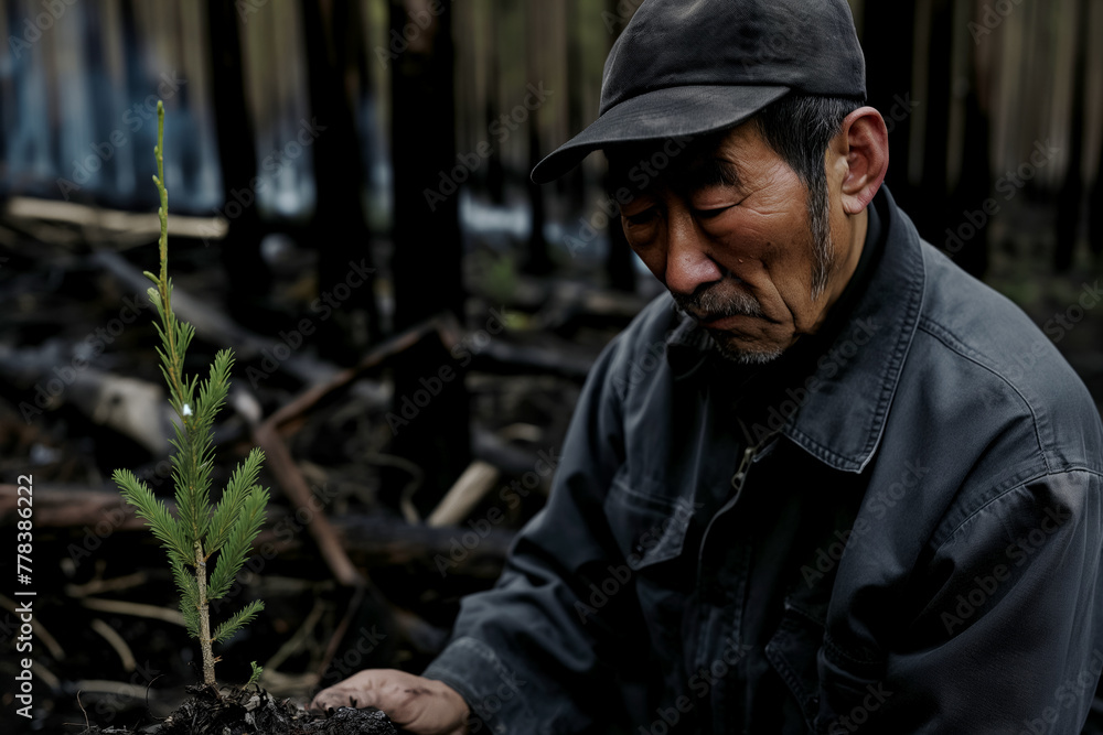 Portrait of a forester carefully examining a tree seedling before planting it in a burnt forest, banner for Earth Day. Portrait of a forester carefully examining a tree seedling before planting it in a burnt forest, banner for Earth Day.