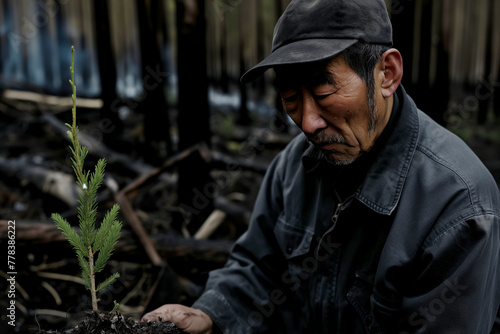 Portrait of a forester carefully examining a tree seedling before planting it in a burnt forest, banner for Earth Day.