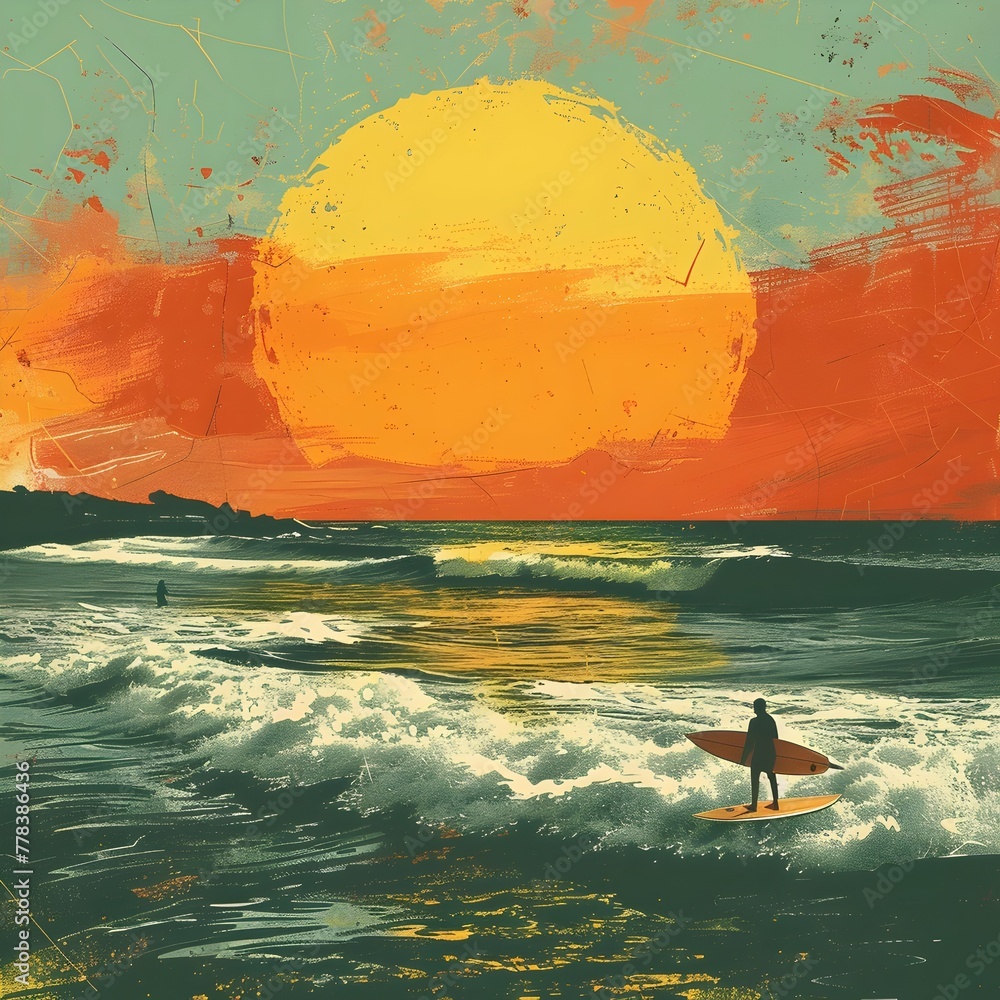 Vibrant Sunset Surf Session Capturing the Last Waves of a Summer Day with Expansive Copy Space