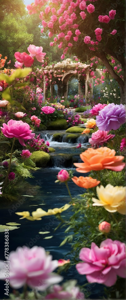 Photo real as Floral Splendor A garden of floral wonders where every bloom tells a story. in nature and landscapes theme ,for advertisement and banner ,Full depth of field, high quality ,include copy 