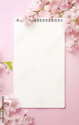 notepad with blank page and cherry blossom flowers on pink background, pink, drawing, art, still life, interior, wabi sabi