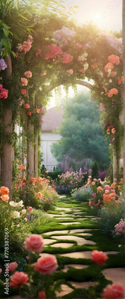 Photo real as Garden Whispers A floral garden where whispers of nature come to life. in nature and landscapes theme ,for advertisement and banner ,Full depth of field, high quality ,include copy space
