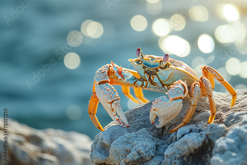 Sea crabs walking on rocks by the sea.