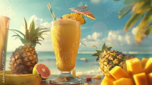 A refreshing glass of tropical fruit smoothie, blended with ripe bananas, sweet mangoes, and tangy pineapples, 