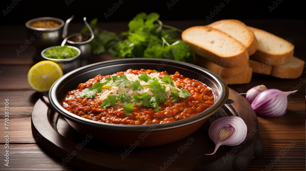 Closeup of keema pav on the table Closeup of keema pav on the table