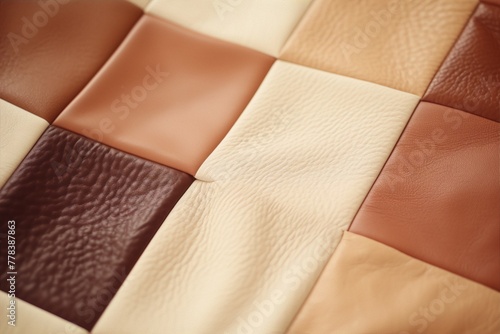 Abstract geometric minimal patchwork pattern in beige and brown colors, made of genuine leather, close-up photography