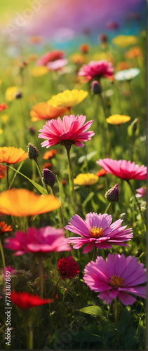 Photo real as Meadow Symphony A symphony of colors and sounds in a vibrant spring meadow. in nature and landscapes theme  for advertisement and banner  Full depth of field  high quality  include copy 