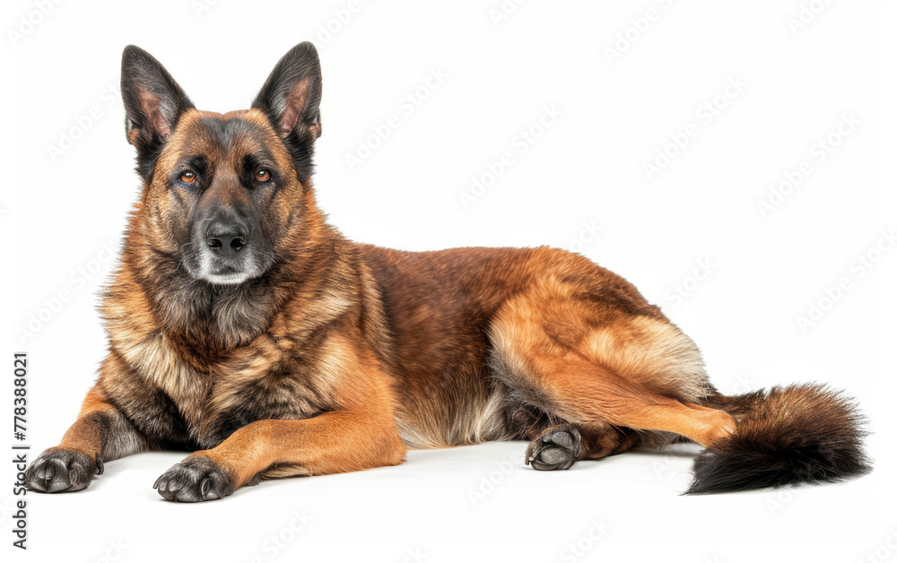 A relaxed Belgian Shepherd Laekenois lying down in profile, displaying its calm demeanor and textured coat against a clean, white background.