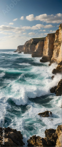 Photo real as Ocean Edge Waves crashing against coastal cliffs a dance of water and rock. in nature and landscapes theme ,for advertisement and banner ,Full depth of field, high quality ,include copy 