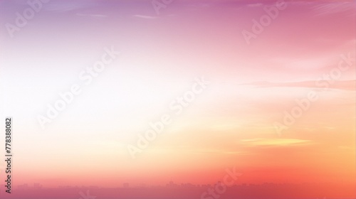 A pink, purple, and blue sky at sunset over a distant cityscape in the style of a minimalist landscape painting.