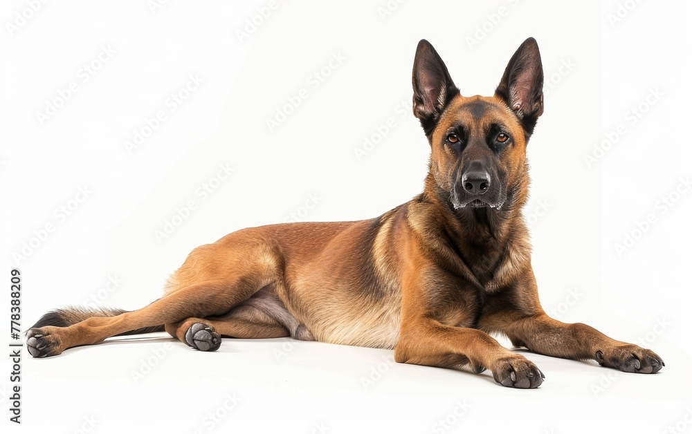 Serene and alert, this Malinois lies down with its gaze fixed forward, highlighted by a pure white backdrop.