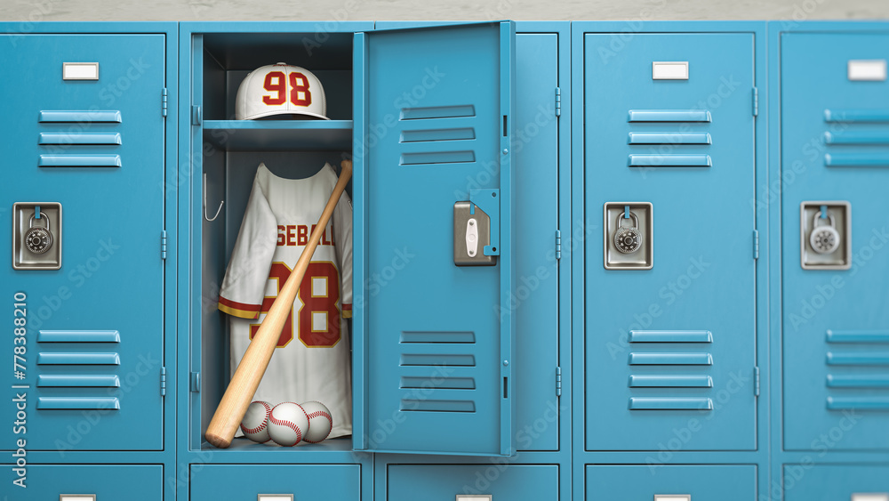 Obraz premium Baseball ball and bat in a school locker room. Baseball sport equipment and training concept.