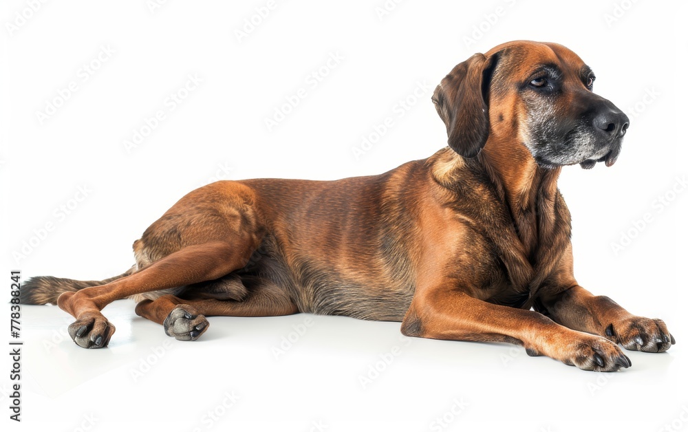 A relaxed Bavarian Mountain Hound lying down, its calm presence and muscular frame creating a peaceful image, perfect for pet-themed designs.