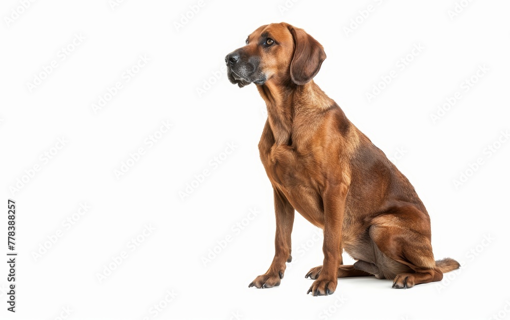This serene Bavarian Mountain Hound sits gracefully, its composed demeanor and muscular build highlighted against the white background.