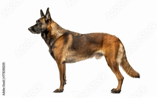 The profile of a Belgian Shepherd Malinois standing alert  displaying its lean muscles and attentive posture.