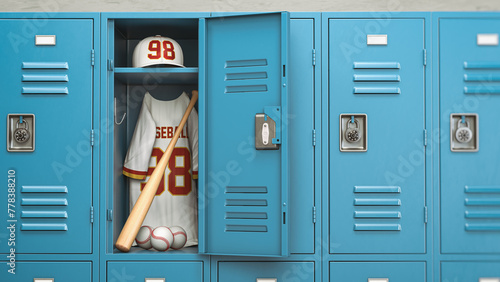 Baseball ball and bat in a school locker room.  Baseball sport equipment and training concept.