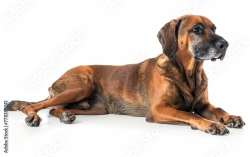 A relaxed Bavarian Mountain Hound lying down  its calm presence and muscular frame creating a peaceful image  perfect for pet-themed designs.