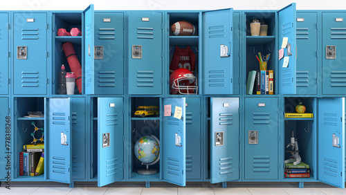 Student lockers at school. School lockers with open doors and student equipment, items and accessories for education and sport. photo