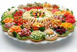 A large white plate with a variety of food items including sandwiches, fruits