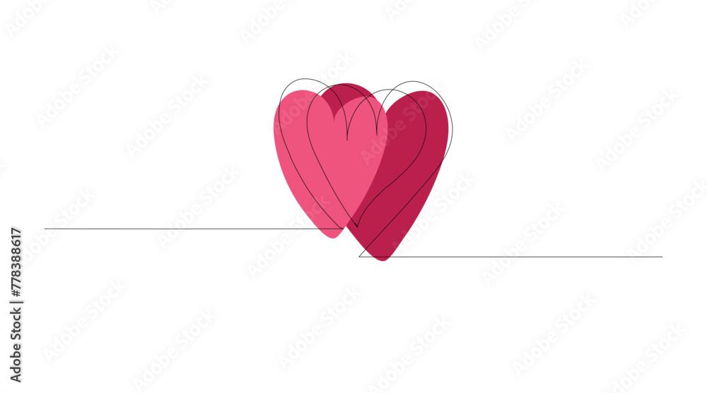 Continuous one line drawing of two hearts connected together in simple linear style. Editable stroke. Doodle outline abstract concept vector illustration. Hearts linear design