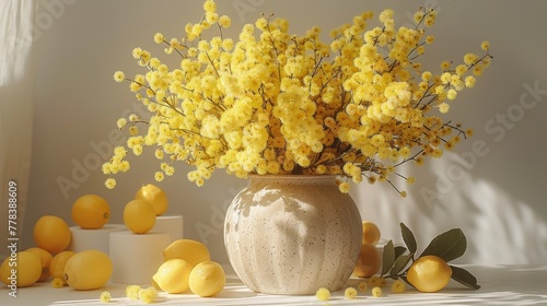  Vase holding yellow blooms rests atop table, alongside stack of white cubes