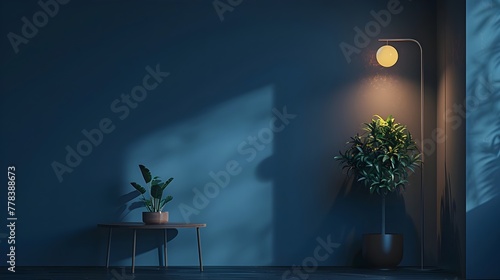 Interior of modern blue room with a lamp and a plant generative ai